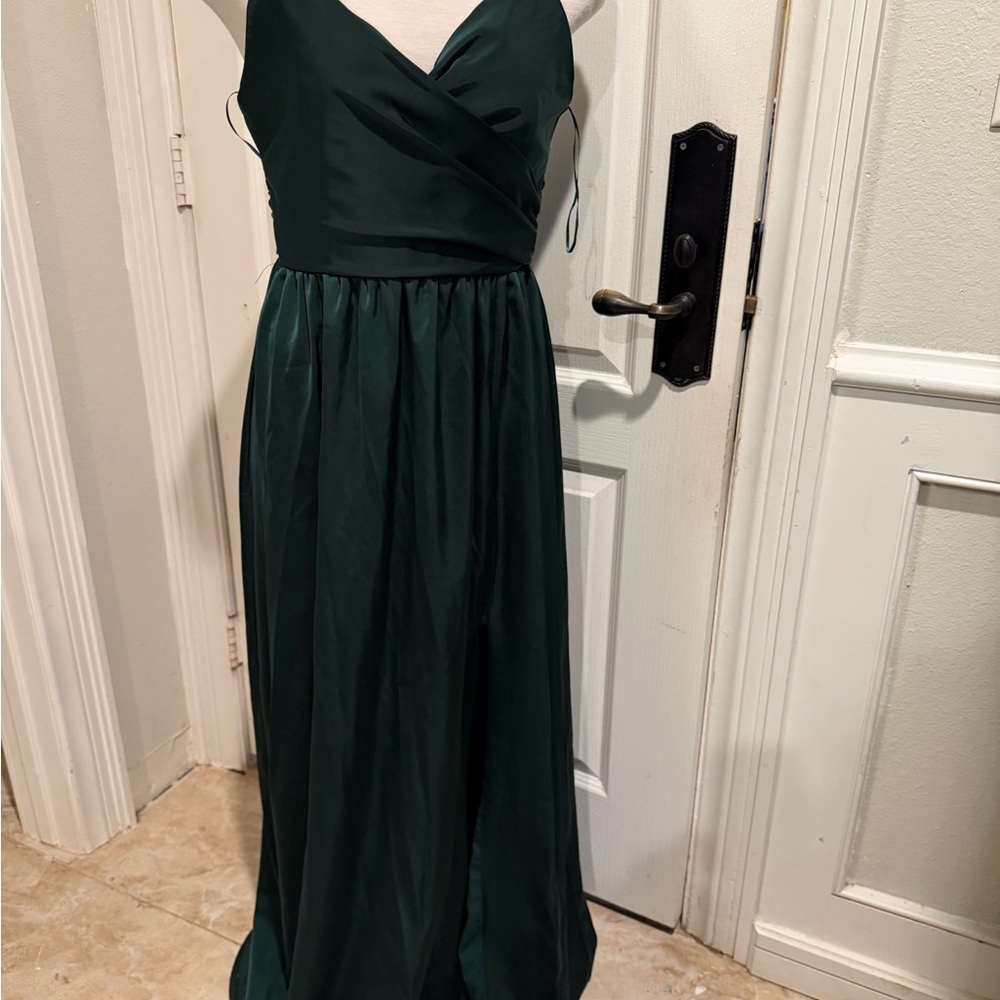Showpo Dark Green Satin Girls Dress - Sleeveless V-Neck Gown - Picture 4 of 16